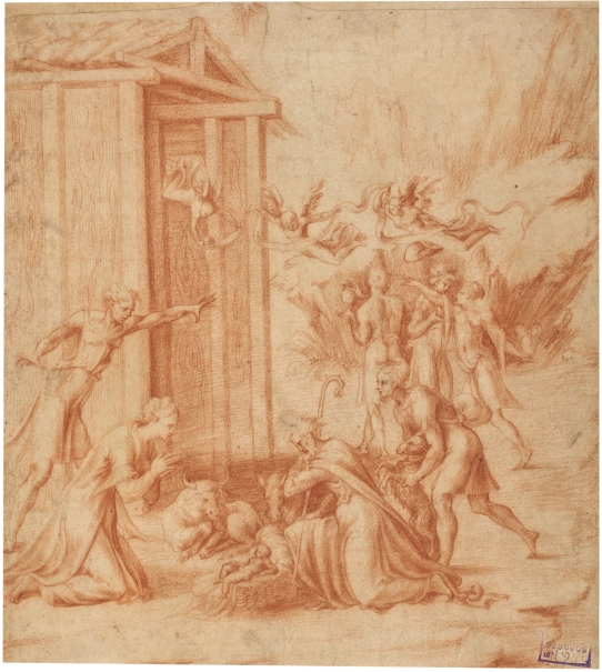 Imagen de la obra: "Adoración de los pastores, con los Reyes Magos en la lejanía"