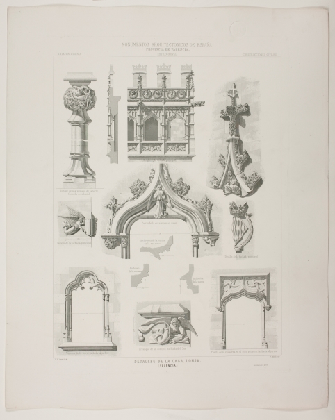 Imagen de la obra: "Detalles de la fachada principal, puerta de la escalera y ventanas de la Casa-Lonja de Valencia"