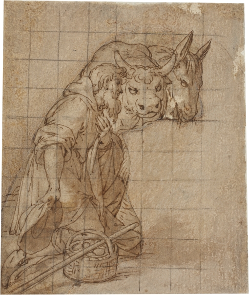 Image of the artwork: "Kneeling Shepherd, with an Ox and a Mule"