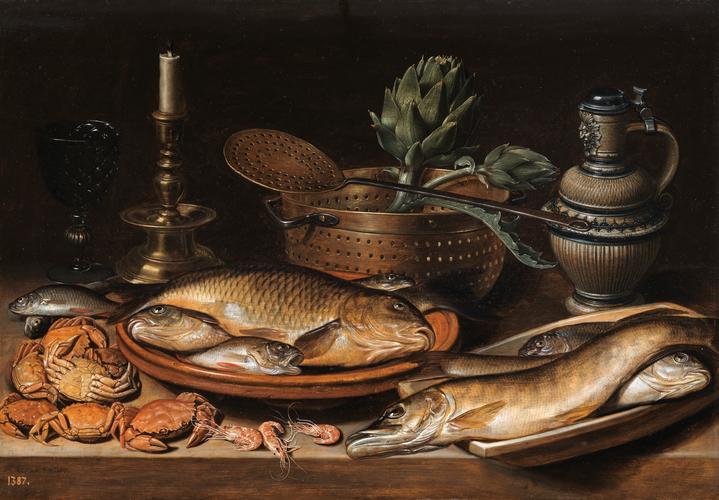 Imagen de Bodeg&oacute;n con pescado, vela, alcachofas, cangrejos y gambas