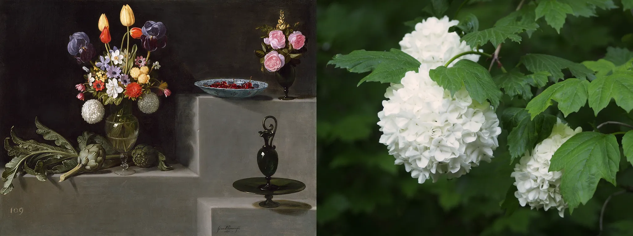Imagen de Bodegón con alcachofas, flores y recipientes de vidrio