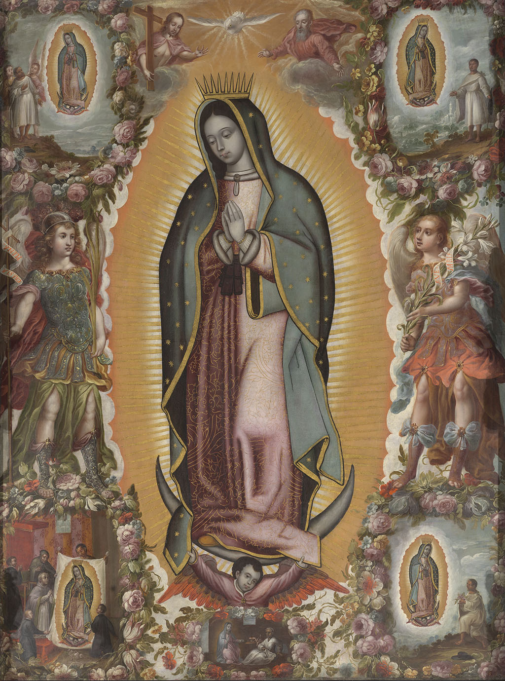 Imagen de Virgen de Guadalupe con las cinco apariciones y los arcángeles Miguel y Gabriel