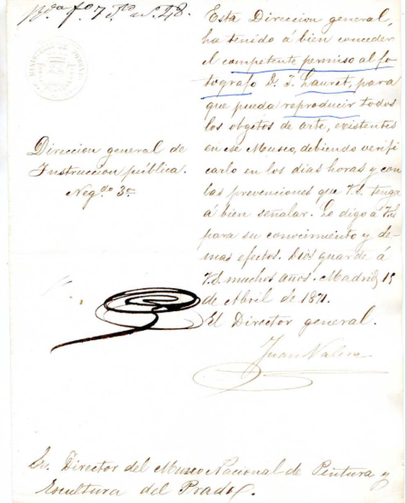 Imagen de la concesi&oacute;n del permiso a J. Laurent para fotografiar los objetos de arte del Museo Nacional de Pintura y Escultura