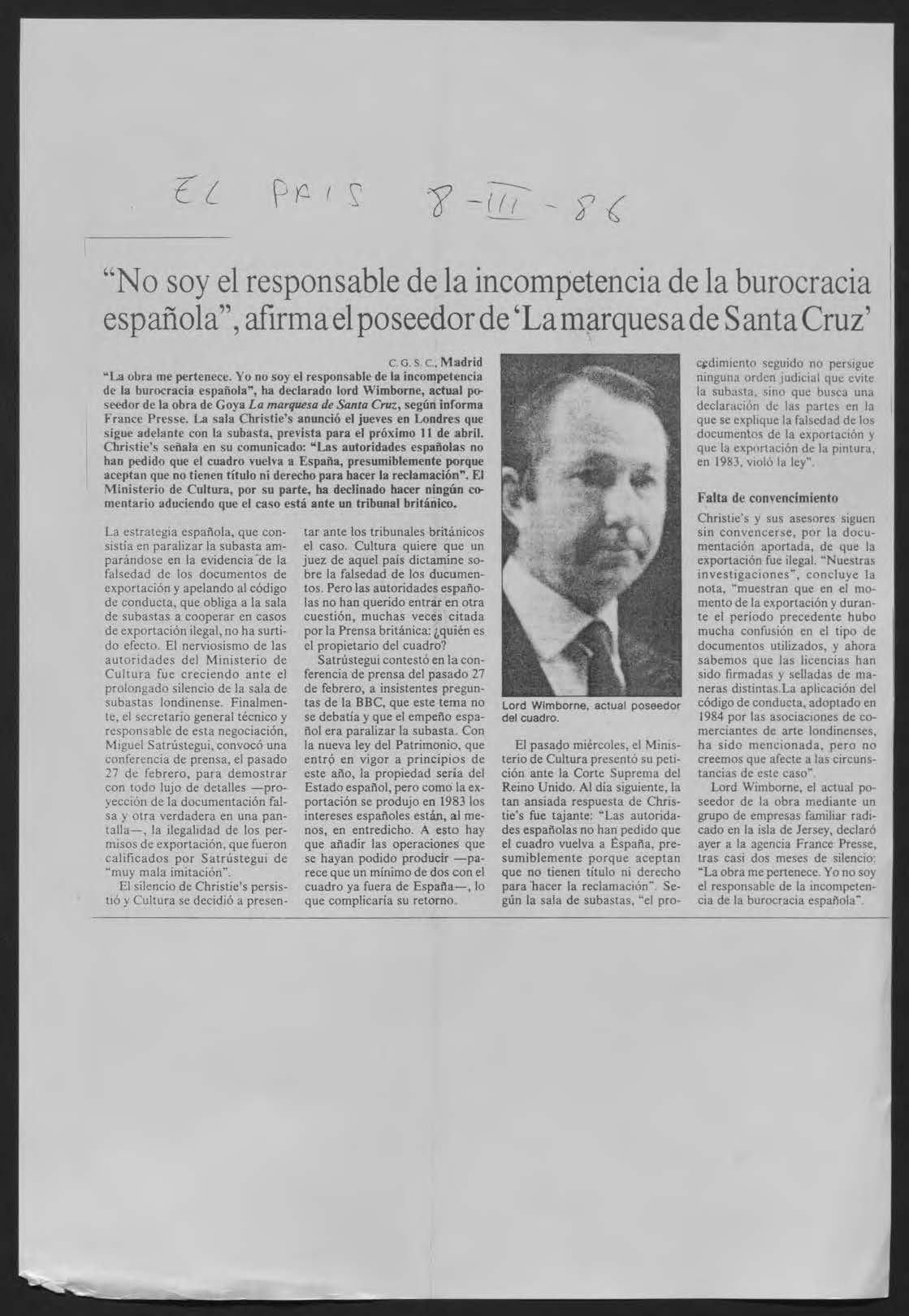 Noticia de peri&oacute;dico que anuncia la indignaci&oacute;n de Lord Wimborne