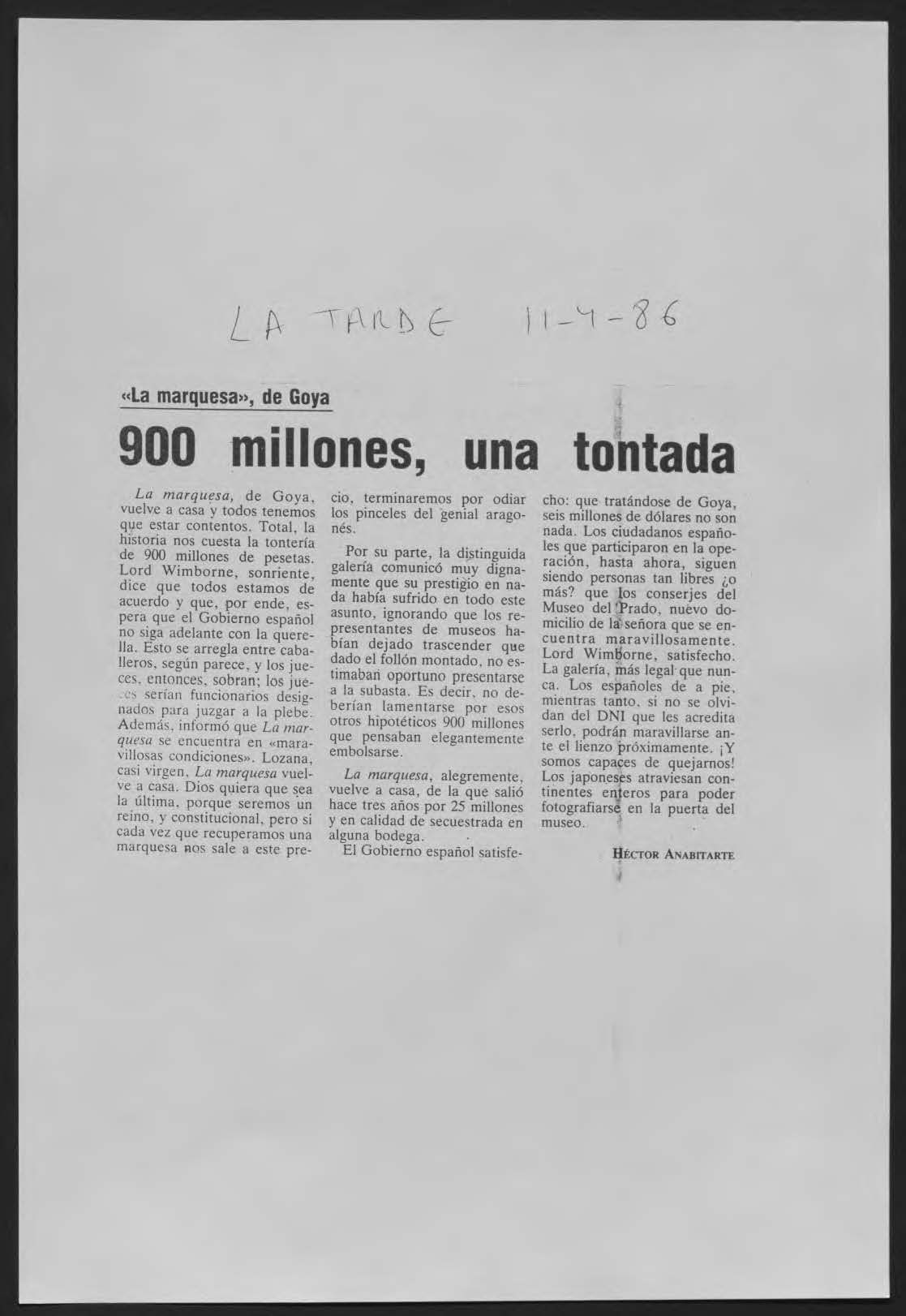 Noticia de peri&oacute;dico que anuncia la cuant&iacute;a por la recuperaci&oacute;n del cuadro
