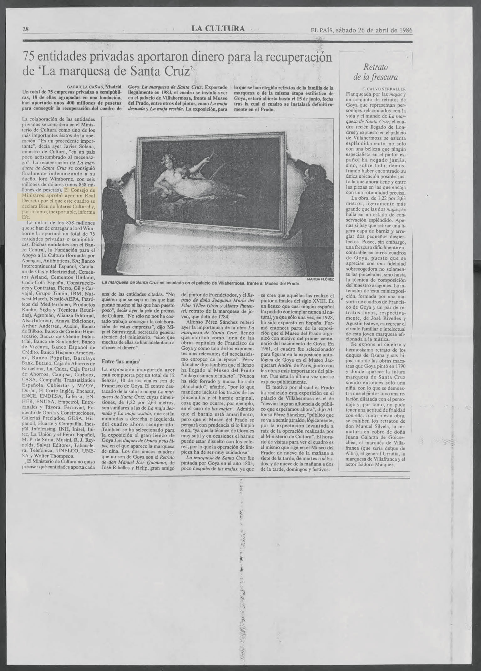 Noticia de peri&oacute;dico que anuncia la colaboraci&oacute;n de 75 entidades privadas y la declaraci&oacute;n del cuadro como Bien de Inter&eacute;s Cultural inexportable