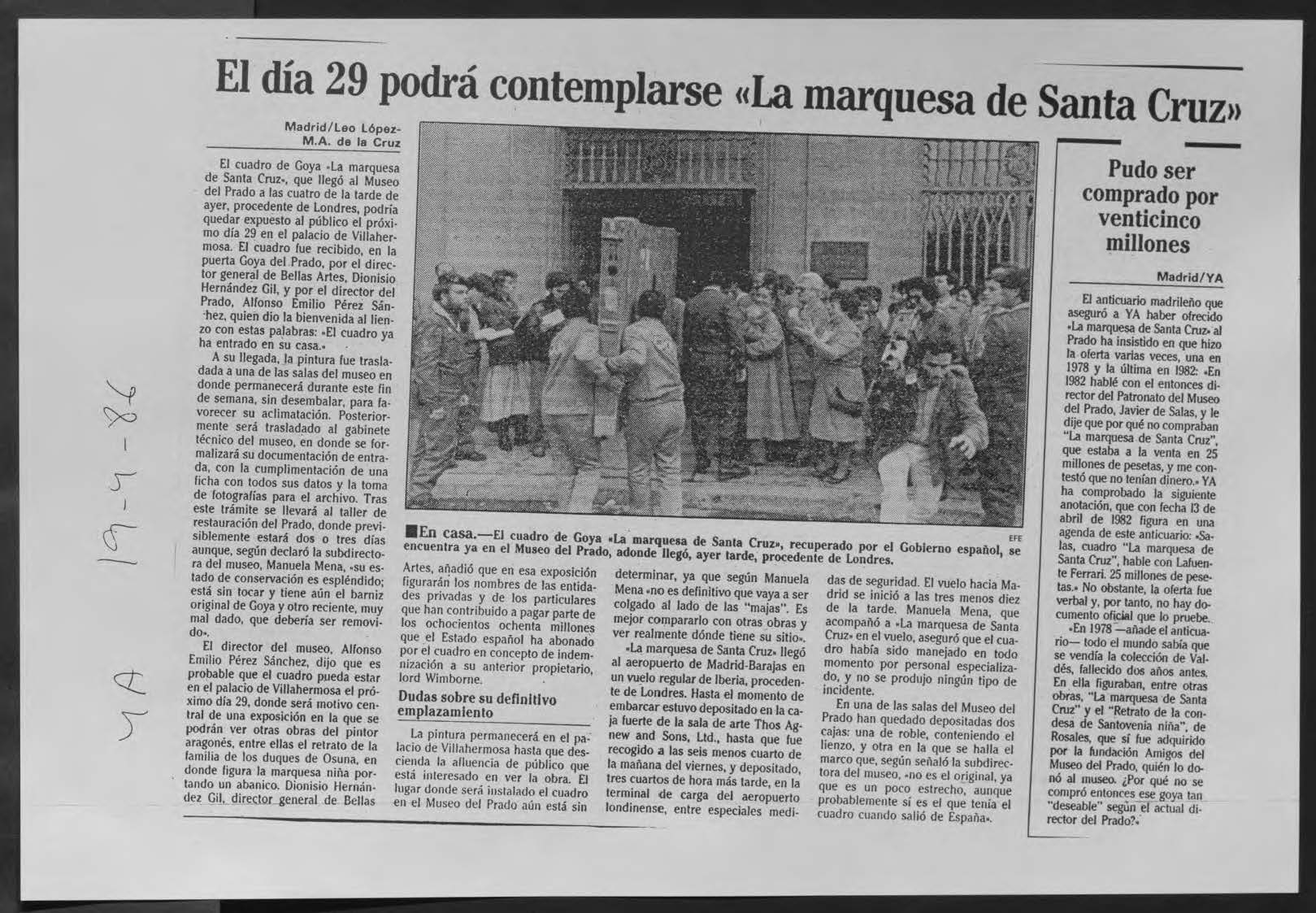 Noticia de peri&oacute;dico que anuncia que el d&iacute;a 29 podr&aacute; contemplarse &laquo;La marquesa de Santa Cruz&raquo;