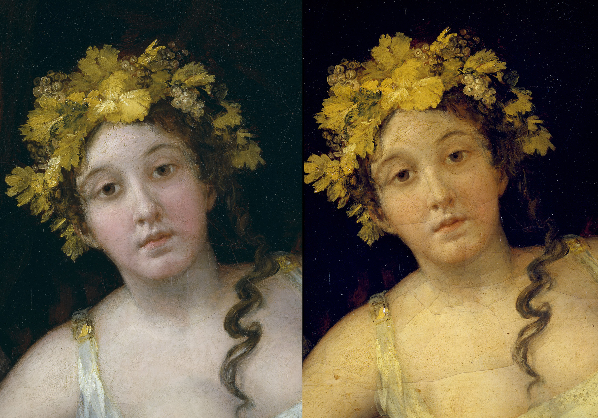 Composici&oacute;n que compara el detalle de la cabeza de la marquesa, antes y despu&eacute;s de la restauraci&oacute;n