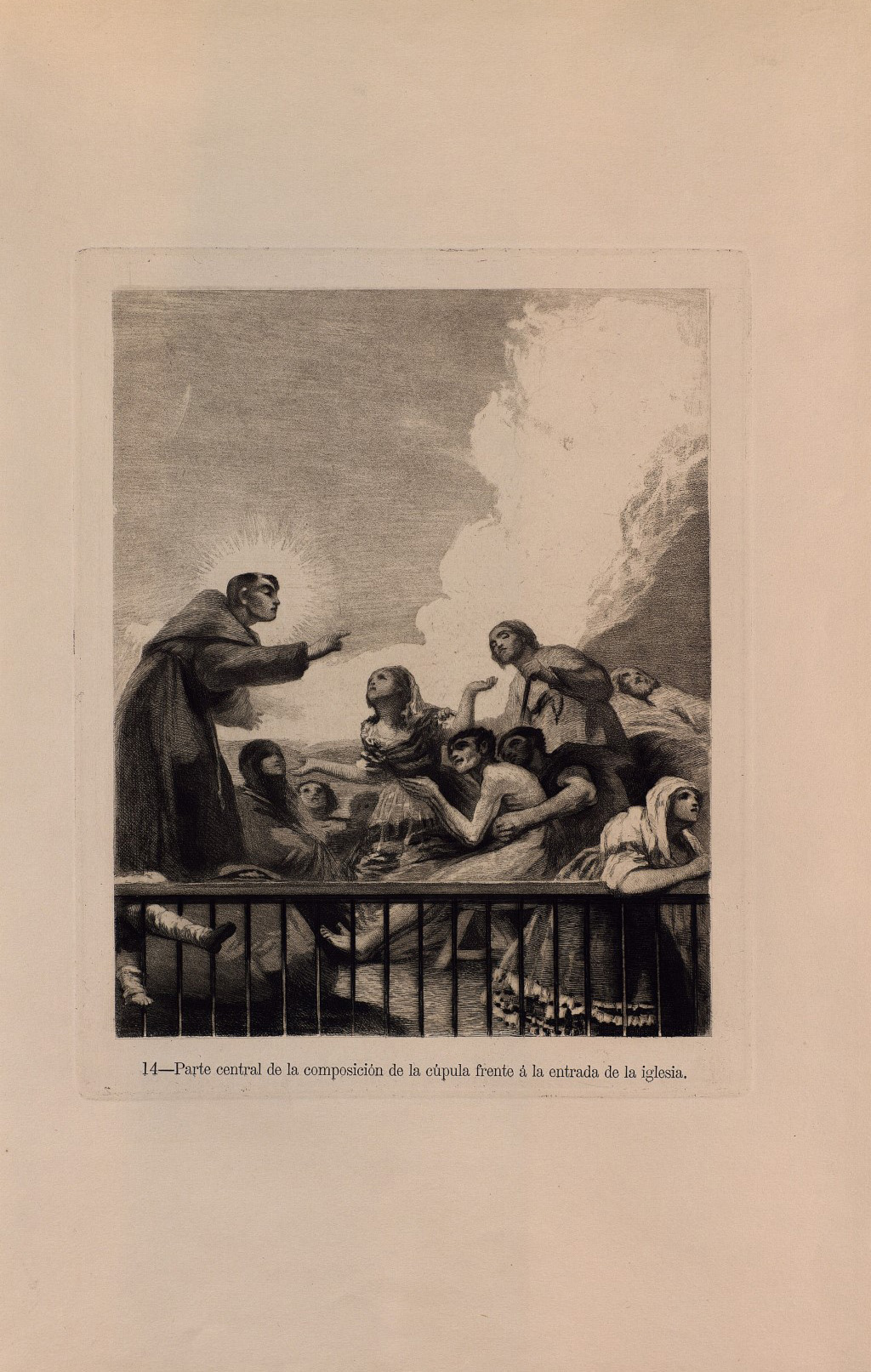 Imagen de José María Galván y Candela (grab.), “Pinturas del intradós del arco de la capilla lateral izquierda” y “Parte central de la composición de la cúpula frente a la entrada de la iglesia”, en Frescos de Goya en la iglesia de San Antonio de la Florida, Madrid, Manuel Tello, 1888, pp. 25, 45