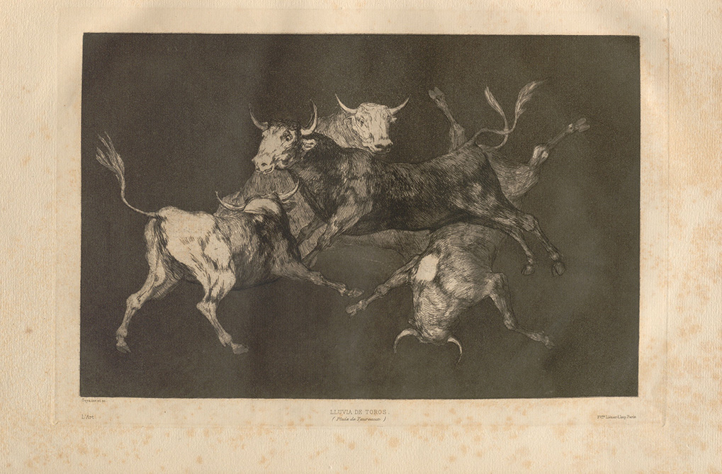 Imagen de “Lluvia de toros (Pluie de Taureaux)”, L’Art: Revue Hebdomadaire Illustrée, III, t. 9 (1877), entre pp. 6 y 7
