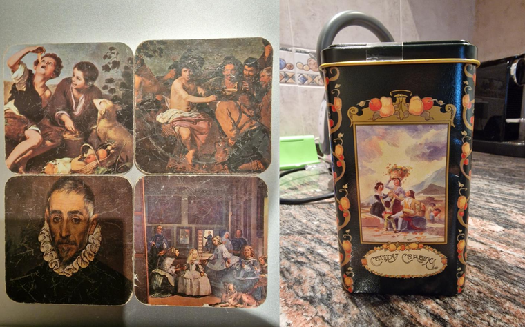 Posavasos y lata de caramelos de La vendimia