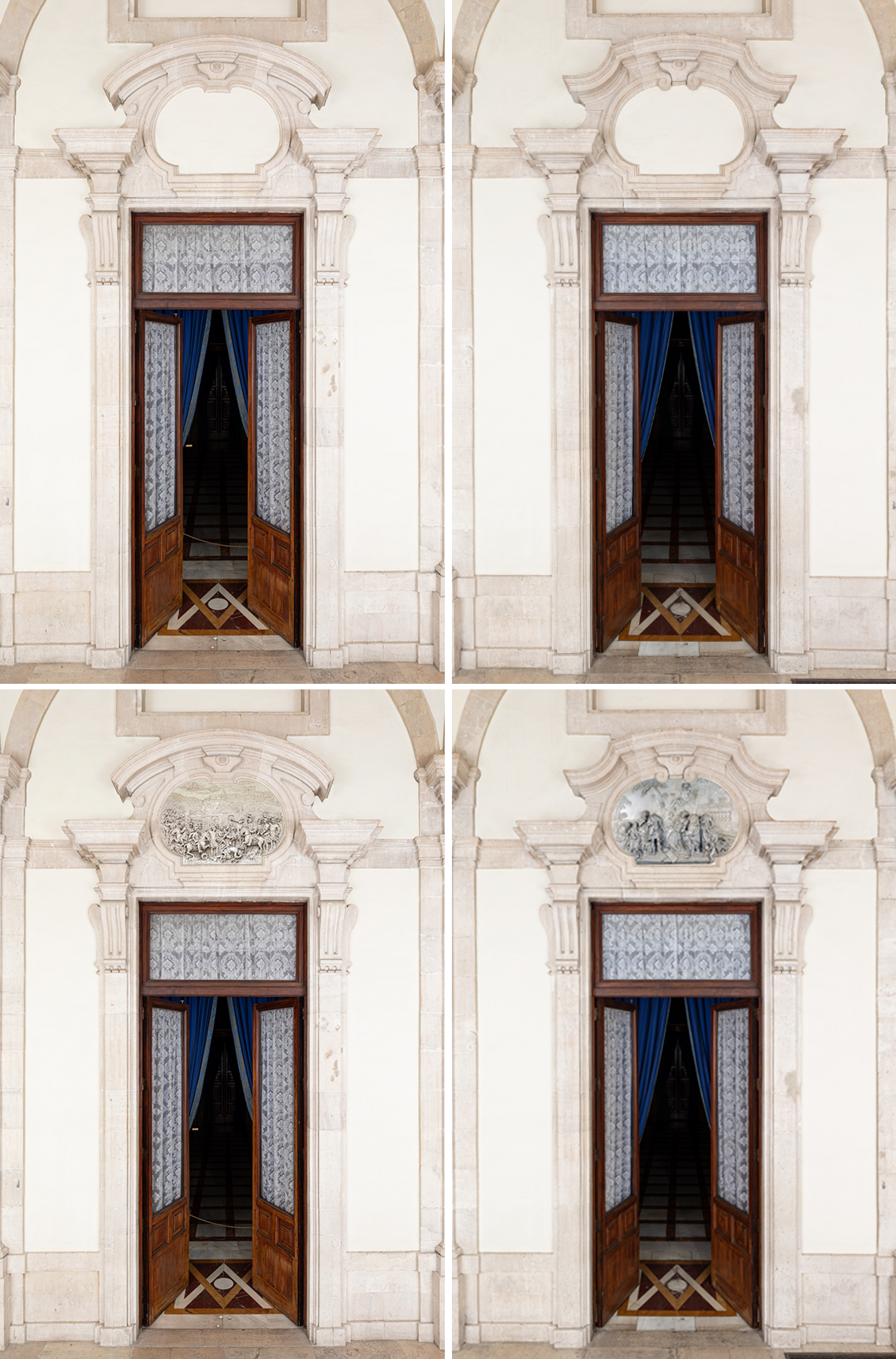 Fotocomposici&oacute;n mostrando dos de los relieves en el Palacio Real actual, junto a las fotograf&iacute;as originales con los huecos