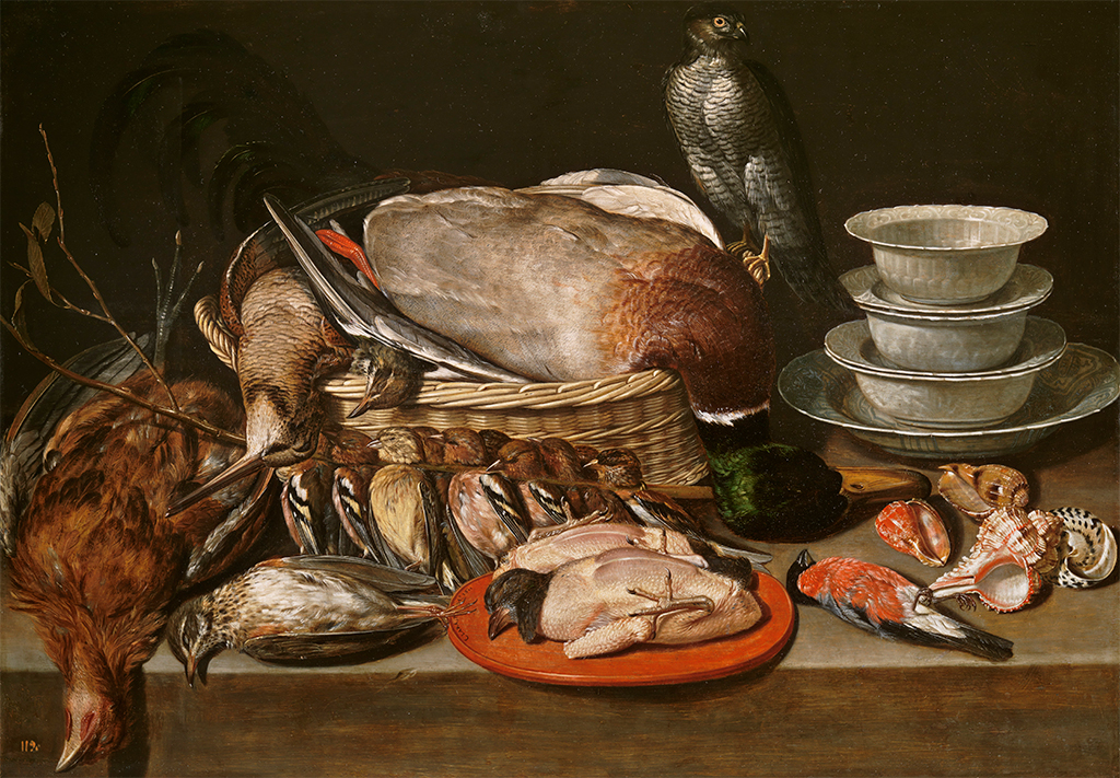 Still Life with a Sparrow Hawk, Fowl, Porcelain and Shells